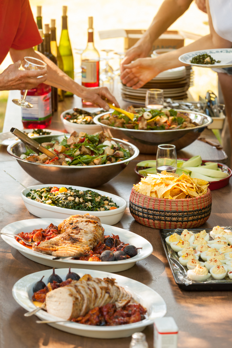 Group of people friends  serving food and wine at an outdoor summer buffet garden party