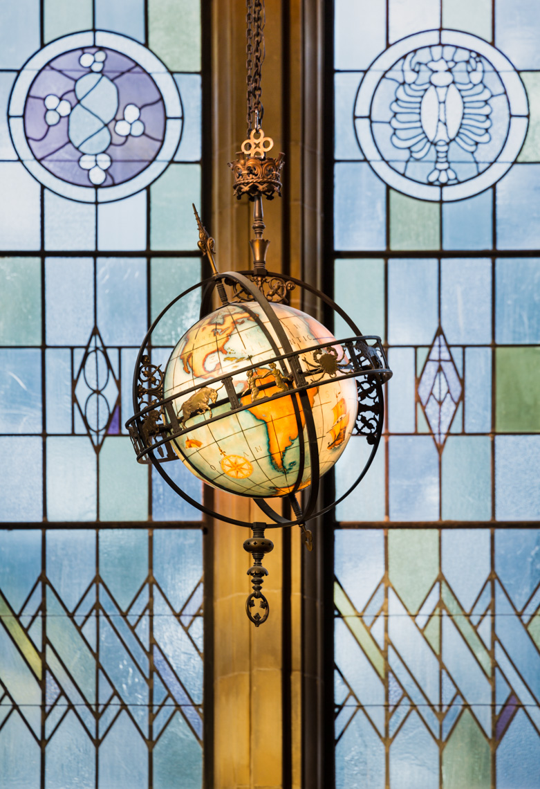 Hand-painted world globe with astrological symbols in Suzzallo Library, University of Washington