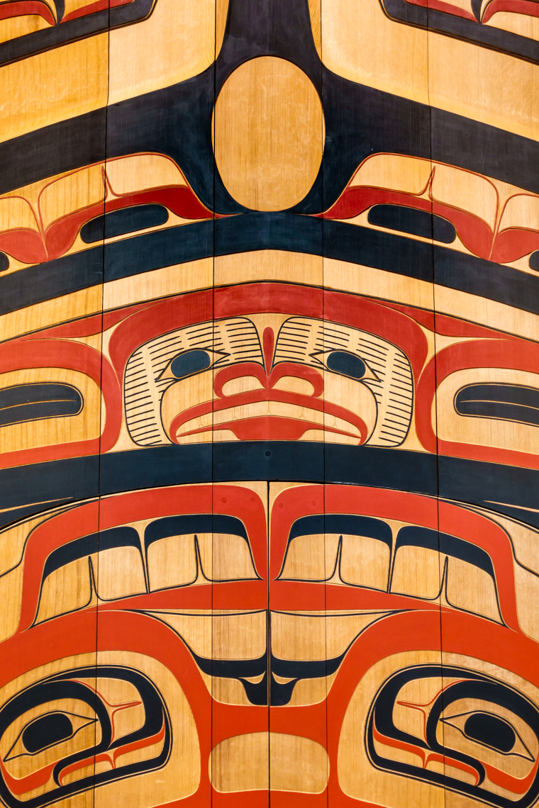 Carved and painted cedar wood Tsimshian Native American Indian tribal clan house front, Juneau, Alaska, by father and son artists David Boxley
